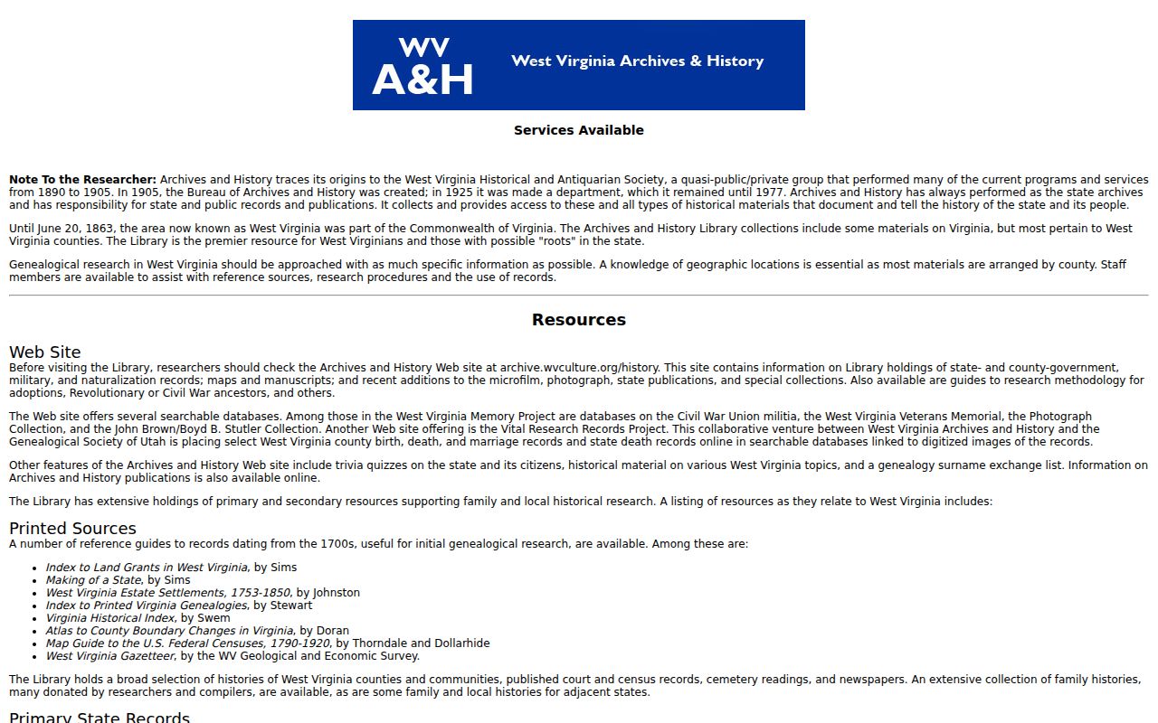 West Virginia previous residents research: State Archives visitor and research services