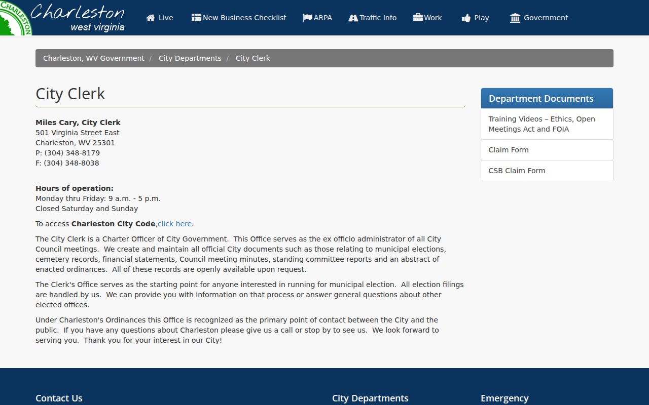 West Virginia residents directory reference to the Charleston City Clerk public records page