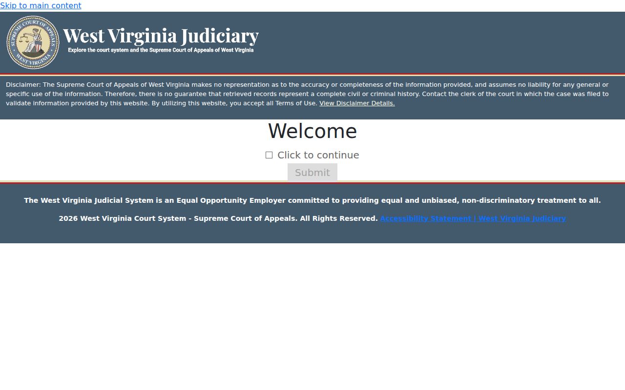 West Virginia resident lookup MCRSearch disclaimer and continue gate