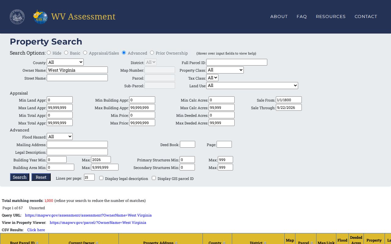 West Virginia street directory research: property search result rows