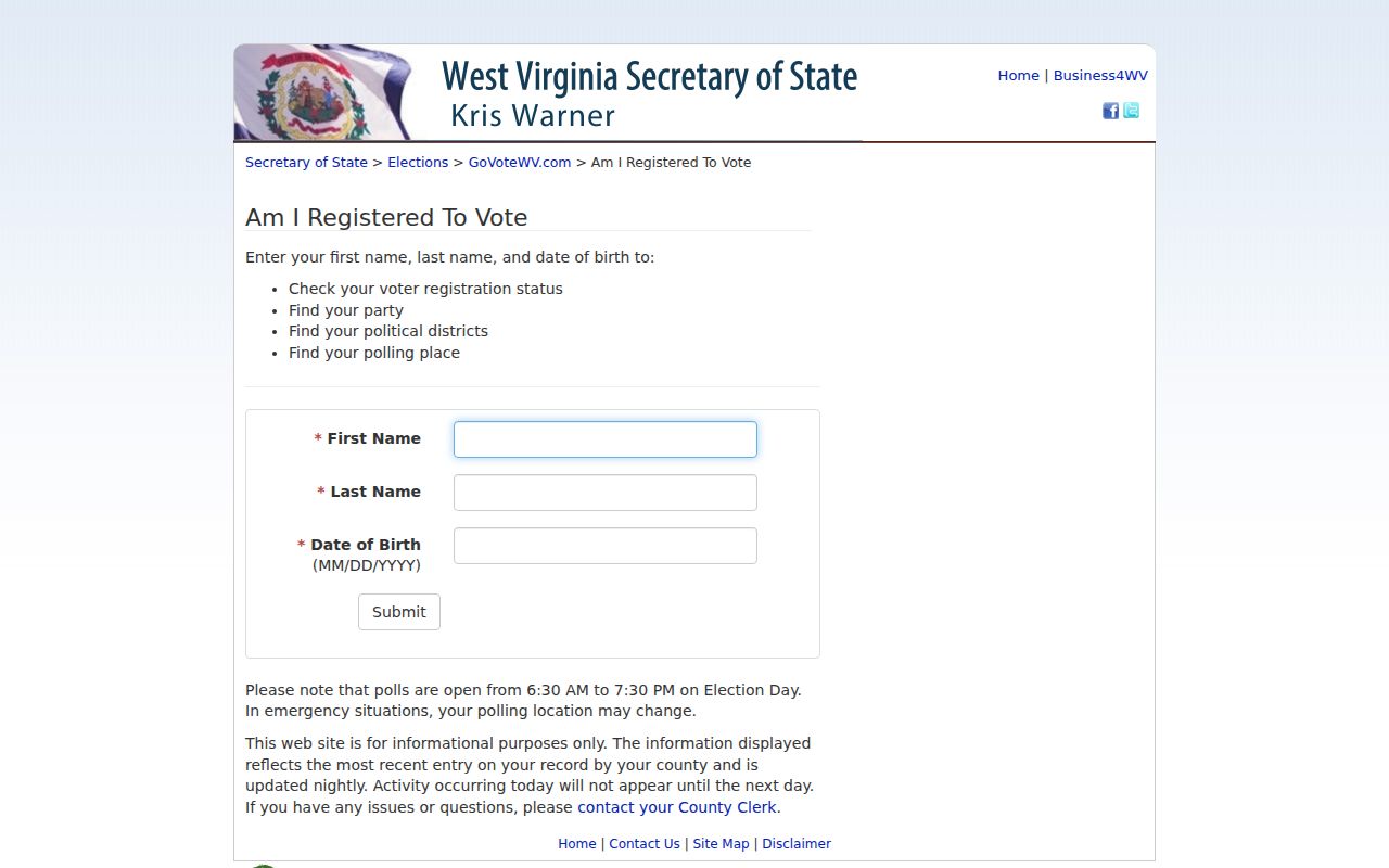 West Virginia resident lookup voter form with first name last name and date of birth fields
